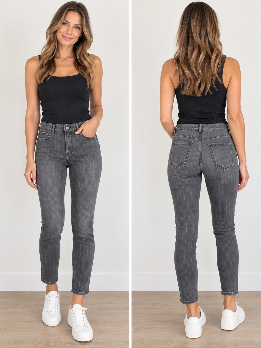 White House Black Market WHBM Gray Pinstripe Skinny Ankle Jeans Size 4